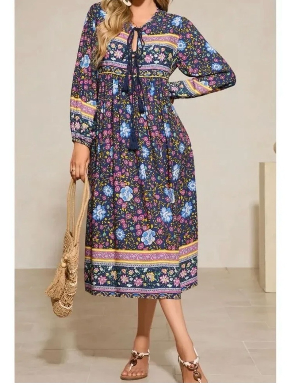 R. Vivimos Navy Floral Tie-Neck Long Sleeve Maxi Dress Womens Size XS